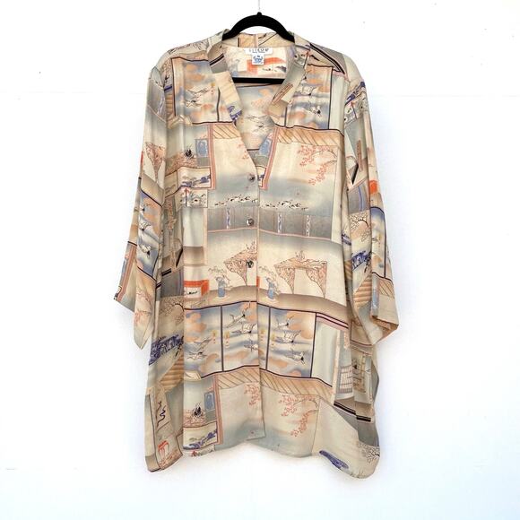 Citron Santa Monica Silk Tunic Button Down Top Kimono Asian 3X XXXL Oversized - Picture 1 of 11